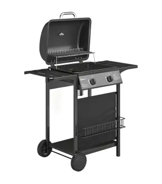 Barbacoa de Gas BBQ Gas con 2 Quemadores 5 kW Termómetro Mesas Laterales Estante Rejilla Calentadora 2 Ruedas Negro