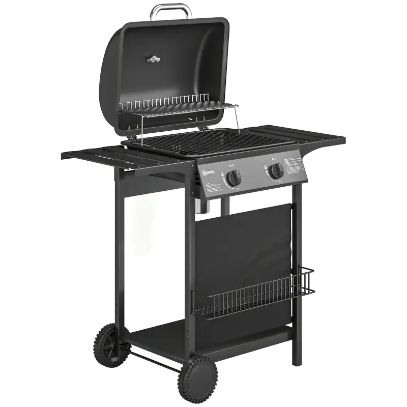 Barbacoa de Gas BBQ Gas con 2 Quemadores 5 kW Termómetro Mesas Laterales Estante Rejilla Calentadora 2 Ruedas Negro