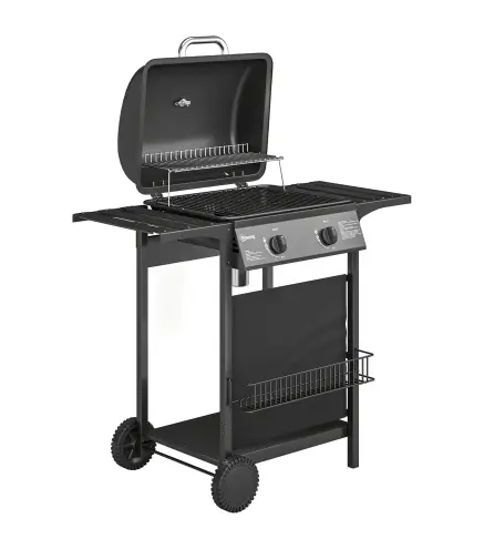 Barbacoa de Gas BBQ Gas con 2 Quemadores 5 kW Termómetro Mesas Laterales Estante Rejilla Calentadora 2 Ruedas Negro