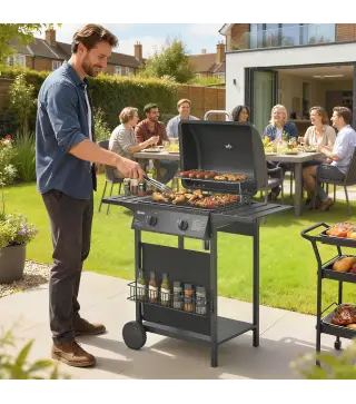 Barbacoa de Gas BBQ Gas con 2 Quemadores 5 kW Termómetro Mesas Laterales Estante Rejilla Calentadora 2 Ruedas Negro