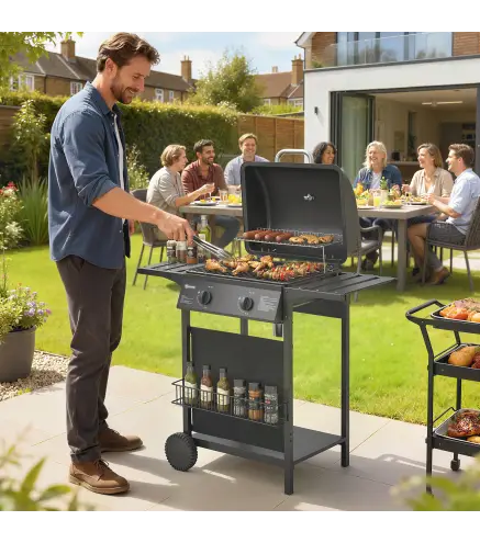 Barbacoa de Gas BBQ Gas con 2 Quemadores 5 kW Termómetro Mesas Laterales Estante Rejilla Calentadora 2 Ruedas Negro