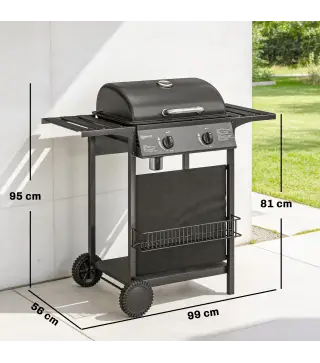 Barbacoa de Gas BBQ Gas con 2 Quemadores 5 kW Termómetro Mesas Laterales Estante Rejilla Calentadora 2 Ruedas Negro