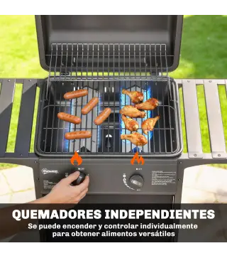 Barbacoa de Gas BBQ Gas con 2 Quemadores 5 kW Termómetro Mesas Laterales Estante Rejilla Calentadora 2 Ruedas Negro