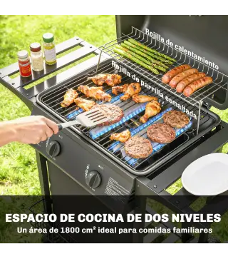 Barbacoa de Gas BBQ Gas con 2 Quemadores 5 kW Termómetro Mesas Laterales Estante Rejilla Calentadora 2 Ruedas Negro