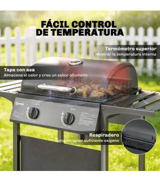 Barbacoa de Gas BBQ Gas con 2 Quemadores 5 kW Termómetro Mesas Laterales Estante Rejilla Calentadora 2 Ruedas Negro
