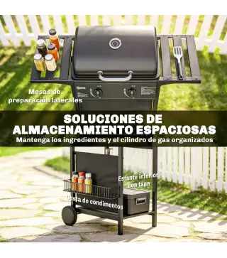 Barbacoa de Gas BBQ Gas con 2 Quemadores 5 kW Termómetro Mesas Laterales Estante Rejilla Calentadora 2 Ruedas Negro