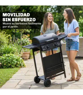 Barbacoa de Gas BBQ Gas con 2 Quemadores 5 kW Termómetro Mesas Laterales Estante Rejilla Calentadora 2 Ruedas Negro