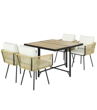 Conjunto de Mesa y Sillas Jardín de Ratán 5 Piezas con Mesa de Plástico-Madera 4 Sillas con Cojines Extraíbles Beige