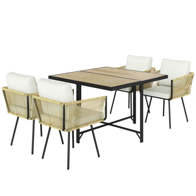 Conjunto de Mesa y Sillas Jardín de Ratán 5 Piezas con Mesa de Plástico-Madera 4 Sillas con Cojines Extraíbles Beige