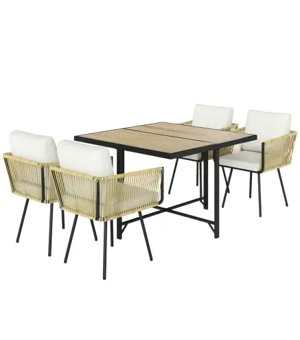 Conjunto de Mesa y Sillas Jardín de Ratán 5 Piezas con Mesa de Plástico-Madera 4 Sillas con Cojines Extraíbles Beige
