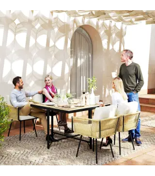 Conjunto de Mesa y Sillas Jardín de Ratán 5 Piezas con Mesa de Plástico-Madera 4 Sillas con Cojines Extraíbles Beige