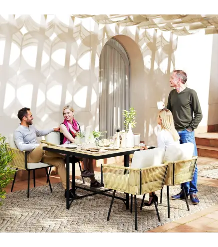 Conjunto de Mesa y Sillas Jardín de Ratán 5 Piezas con Mesa de Plástico-Madera 4 Sillas con Cojines Extraíbles Beige