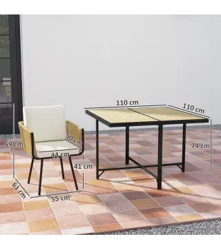 Conjunto de Mesa y Sillas Jardín de Ratán 5 Piezas con Mesa de Plástico-Madera 4 Sillas con Cojines Extraíbles Beige