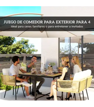 Conjunto de Mesa y Sillas Jardín de Ratán 5 Piezas con Mesa de Plástico-Madera 4 Sillas con Cojines Extraíbles Beige