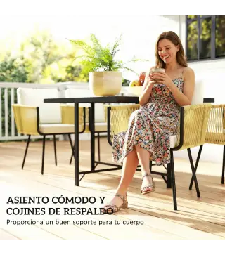 Conjunto de Mesa y Sillas Jardín de Ratán 5 Piezas con Mesa de Plástico-Madera 4 Sillas con Cojines Extraíbles Beige