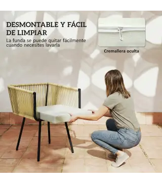 Conjunto de Mesa y Sillas Jardín de Ratán 5 Piezas con Mesa de Plástico-Madera 4 Sillas con Cojines Extraíbles Beige