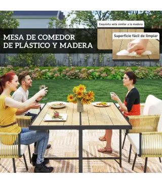 Conjunto de Mesa y Sillas Jardín de Ratán 5 Piezas con Mesa de Plástico-Madera 4 Sillas con Cojines Extraíbles Beige