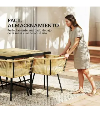 Conjunto de Mesa y Sillas Jardín de Ratán 5 Piezas con Mesa de Plástico-Madera 4 Sillas con Cojines Extraíbles Beige