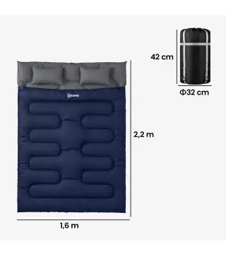 Saco de Dormir Doble para Adultos Tamaño Queen para 2 Personas con 2 Almohadas y Bolsa Transporte Azul Oscuro