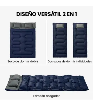 Saco de Dormir Doble para Adultos Tamaño Queen para 2 Personas con 2 Almohadas y Bolsa Transporte Azul Oscuro