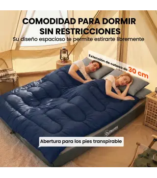 Saco de Dormir Doble para Adultos Tamaño Queen para 2 Personas con 2 Almohadas y Bolsa Transporte Azul Oscuro