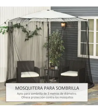 Mosquitera para Sombrillas Ø3 m con Cremallera y Tubo Rellenable de Agua para Terraza Balcón Exterior Negro