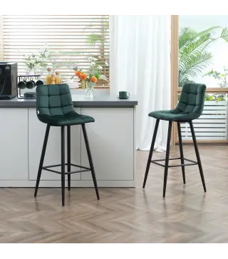 Juego de 2 Taburetes Altos de Cocina Taburetes de Bar Tapizados en Terciopelo con Reposapiés y Respaldo Verde
