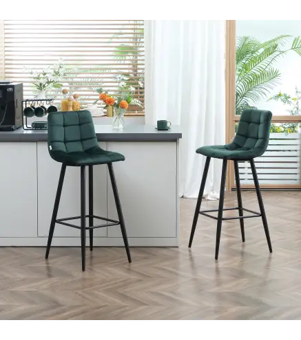 Juego de 2 Taburetes Altos de Cocina Taburetes de Bar Tapizados en Terciopelo con Reposapiés y Respaldo Verde