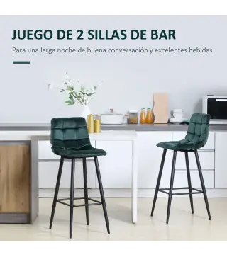 Juego de 2 Taburetes Altos de Cocina Taburetes de Bar Tapizados en Terciopelo con Reposapiés y Respaldo Verde