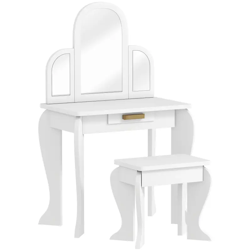 Tocador para Niños con Espejo y Taburete Tocador Infantil Tocador de Maquillaje para Niña de 3 a 6 Años con Cajón Blanco