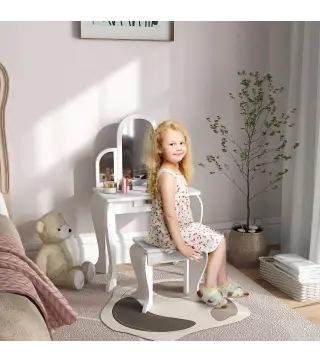 Tocador para Niños con Espejo y Taburete Tocador Infantil Tocador de Maquillaje para Niña de 3 a 6 Años con Cajón Blanco