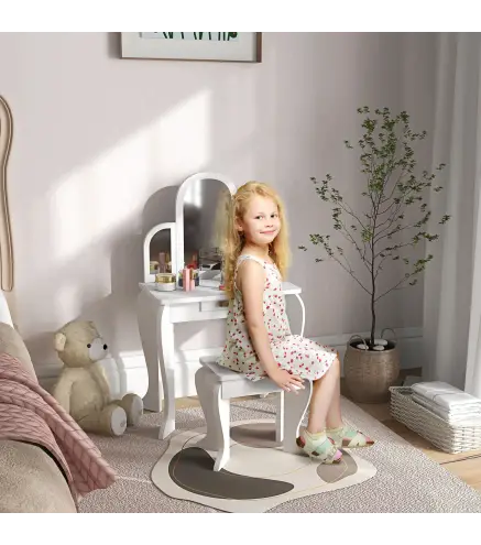 Tocador para Niños con Espejo y Taburete Tocador Infantil Tocador de Maquillaje para Niña de 3 a 6 Años con Cajón Blanco