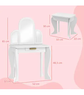 Tocador para Niños con Espejo y Taburete Tocador Infantil Tocador de Maquillaje para Niña de 3 a 6 Años con Cajón Blanco
