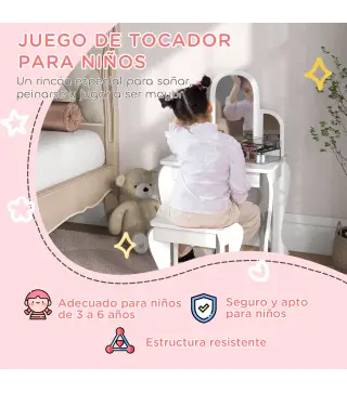 Tocador para Niños con Espejo y Taburete Tocador Infantil Tocador de Maquillaje para Niña de 3 a 6 Años con Cajón Blanco
