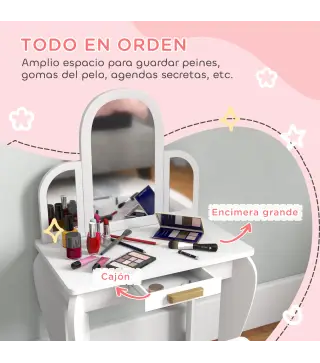 Tocador para Niños con Espejo y Taburete Tocador Infantil Tocador de Maquillaje para Niña de 3 a 6 Años con Cajón Blanco