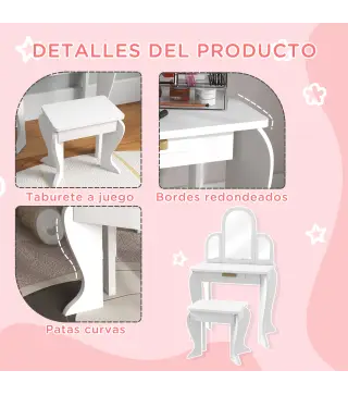 Tocador para Niños con Espejo y Taburete Tocador Infantil Tocador de Maquillaje para Niña de 3 a 6 Años con Cajón Blanco