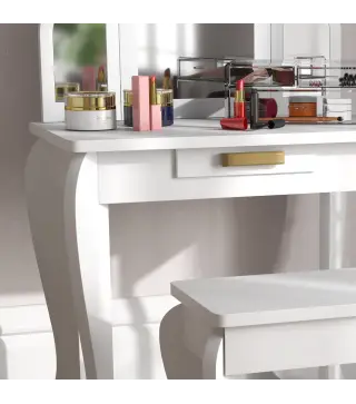 Tocador para Niños con Espejo y Taburete Tocador Infantil Tocador de Maquillaje para Niña de 3 a 6 Años con Cajón Blanco