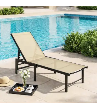 Tumbona Reclinable de Jardín Exterior con Respaldo Ajustable en 4 Posiciones y Marco de Acero 166x60x84 cm Caqui