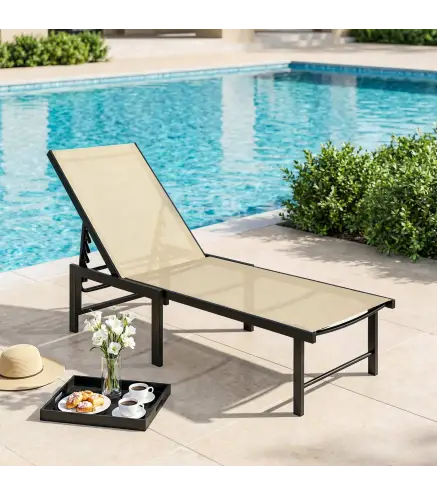 Tumbona Reclinable de Jardín Exterior con Respaldo Ajustable en 4 Posiciones y Marco de Acero 166x60x84 cm Caqui