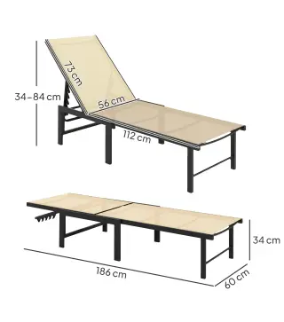 Tumbona Reclinable de Jardín Exterior con Respaldo Ajustable en 4 Posiciones y Marco de Acero 166x60x84 cm Caqui