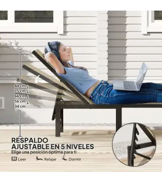 Tumbona Reclinable de Jardín Exterior con Respaldo Ajustable en 4 Posiciones y Marco de Acero 166x60x84 cm Caqui