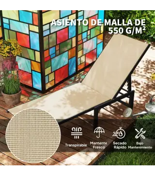 Tumbona Reclinable de Jardín Exterior con Respaldo Ajustable en 4 Posiciones y Marco de Acero 166x60x84 cm Caqui