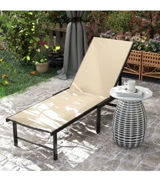 Tumbona Reclinable de Jardín Exterior con Respaldo Ajustable en 4 Posiciones y Marco de Acero 166x60x84 cm Caqui