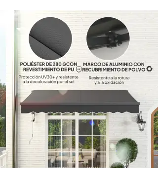 Toldo Eléctrico Retráctil con Manivela Inclinación Ajustable y Protección UV para Jardín Terraza 296x250 cm Gris Oscuro