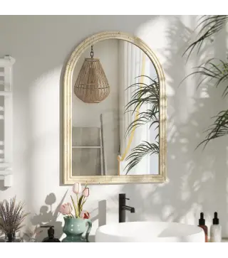 Espejo de Pared Arqueado Espejo de Baño 60x90 cm con Marco de Imitación de Piedra para Salón Dormitorio Entrada Beige
