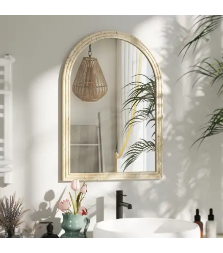 Espejo de Pared Arqueado Espejo de Baño 60x90 cm con Marco de Imitación de Piedra para Salón Dormitorio Entrada Beige