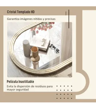 Espejo de Pared Arqueado Espejo de Baño 60x90 cm con Marco de Imitación de Piedra para Salón Dormitorio Entrada Beige