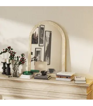 Espejo de Pared Arqueado Espejo de Baño 60x90 cm con Marco de Imitación de Piedra para Salón Dormitorio Entrada Beige