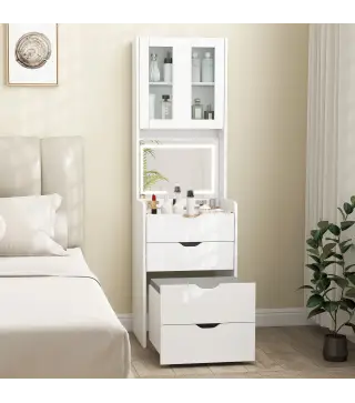 Tocador de Maquillaje con luces LED de 3 Colores Espejo Abatible y Taburete Acolchado 3 Cajones y Estantes Blanco