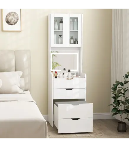 Tocador de Maquillaje con luces LED de 3 Colores Espejo Abatible y Taburete Acolchado 3 Cajones y Estantes Blanco